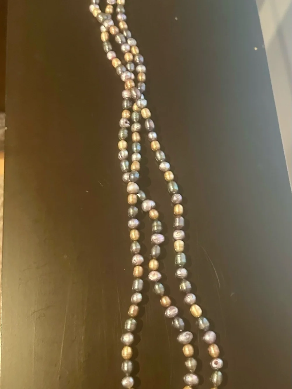 Multistrand Freshwater Pearl Necklace 16”. Golden, lavender, steel blue & gray